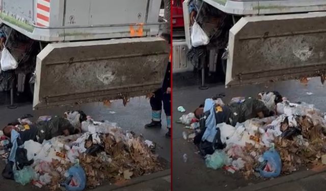 Kadıköy'de şok edici görüntüler: Vinç çöp konteynerini kaldırınca içindeki  kişi  yere düştü!