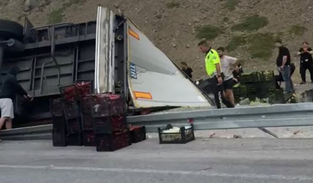 Refahiye-Erzincan yolunda TIR devrildi