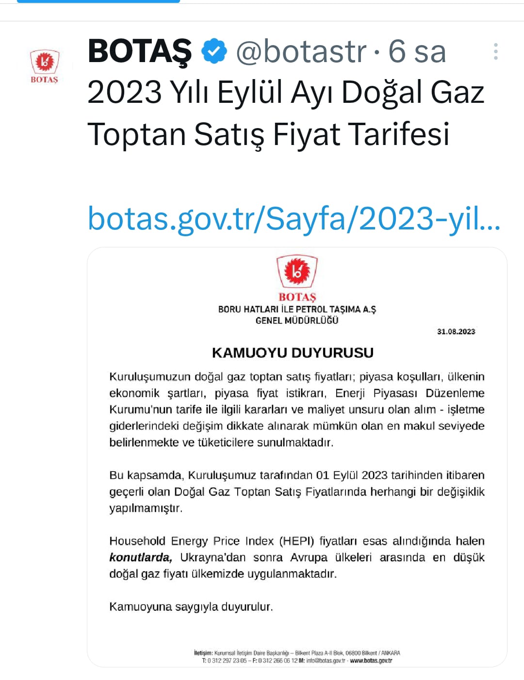 Botaş Doğal gaz açıklaması