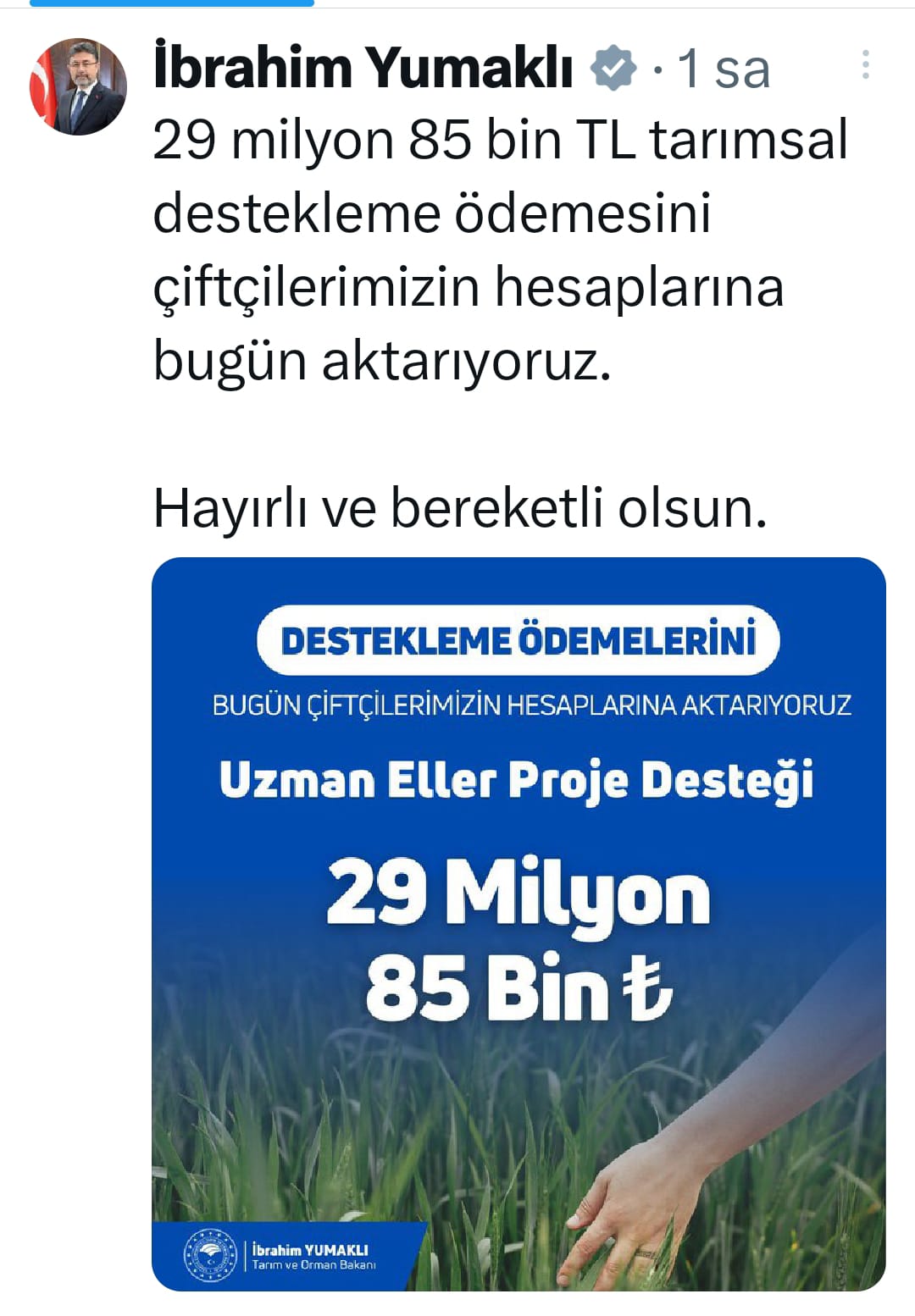 çiftçiye ödenek