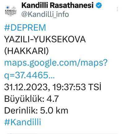 Deprem Hakkari 31.12.2023