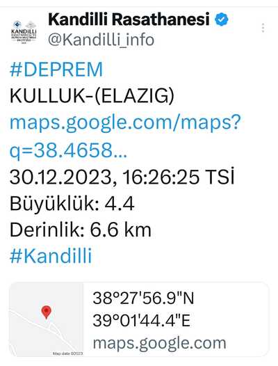 Elazığ Deprem 30.12.2023