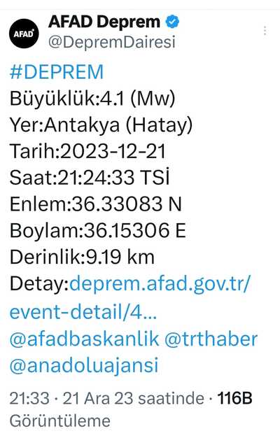 Hatay Deprem 21 Aralık