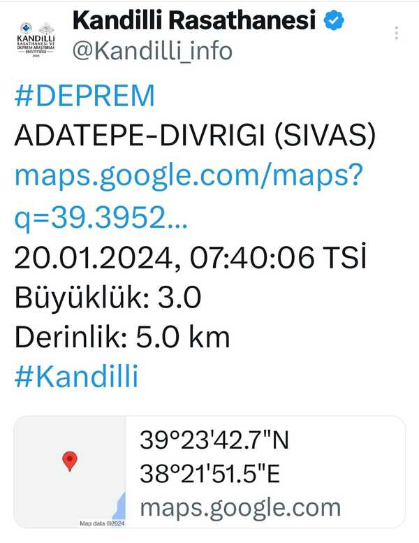 Sivas Divriği Deprem 20 Ocak