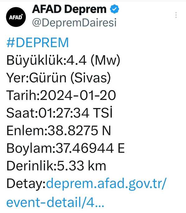 Sivas Gürün Deprem 20 Ocak