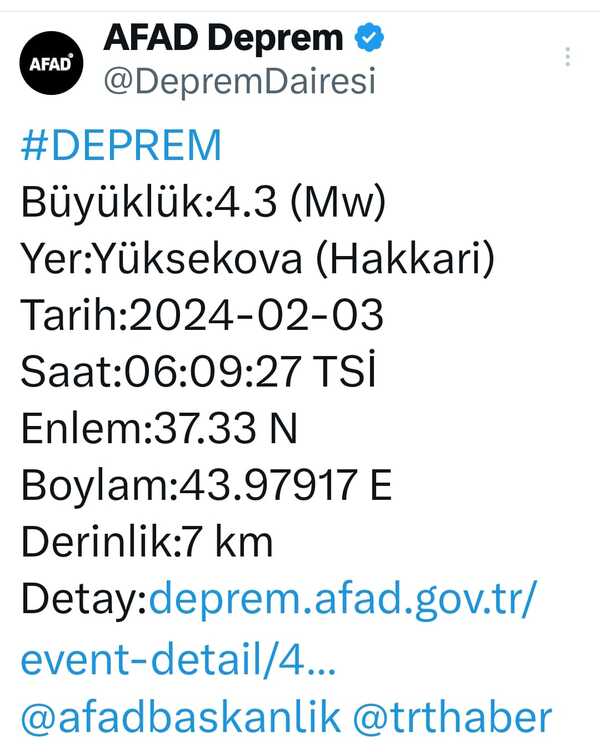 Hakkari Yüksekova Deprem 03.020.