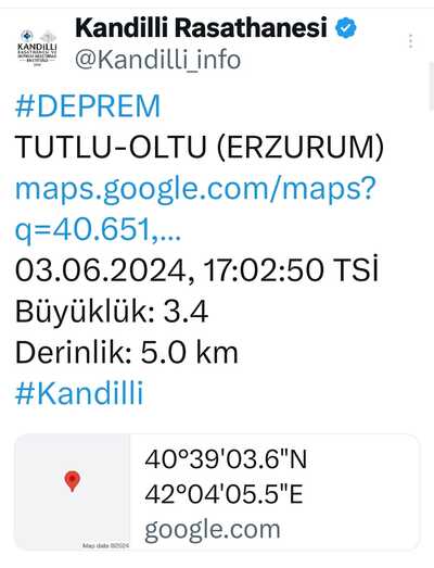 Erzurum Oltu Deprem 03.06.2024