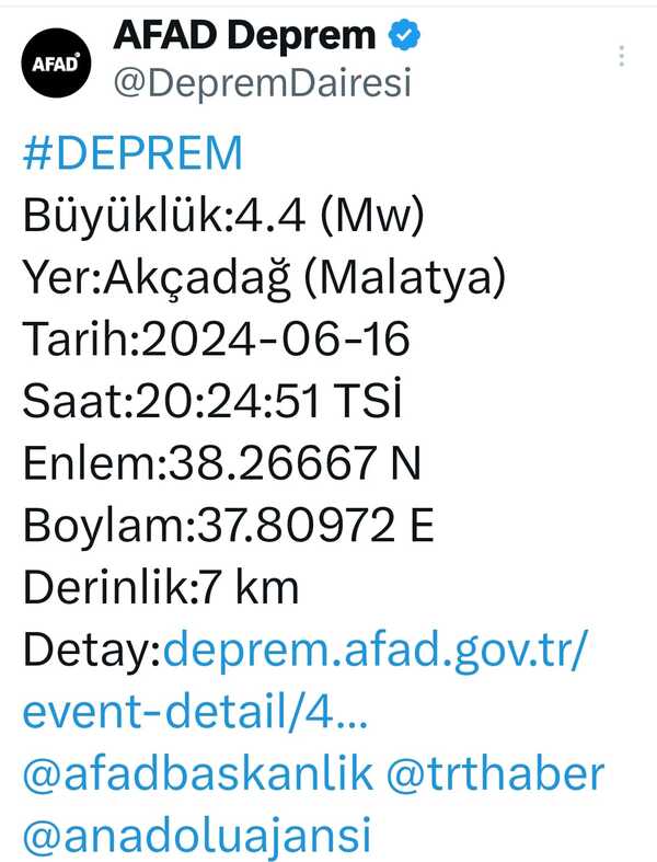 Malatya 4.4 Büyüklüğünde Deprem