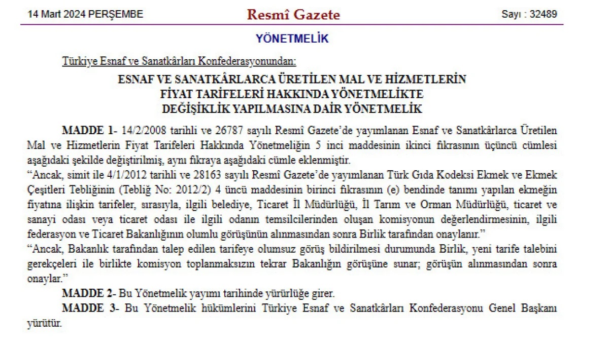 Ekmek Tarife Fiyat Resmi Gazete