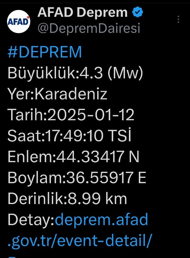 Karadeniz’de 4.3 Büyüklüğünde Korkutan Deprem!