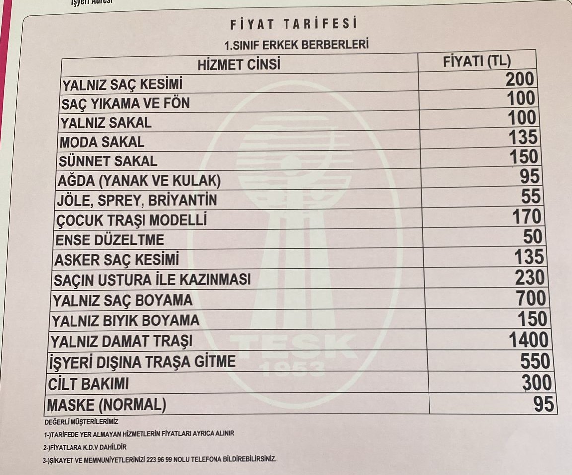 Berberleri 2025 Yılının Fiyat Tarifesini Yayınladı (3)