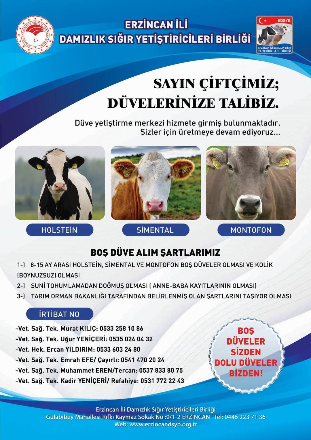 Erzincan Damızlık Sığır Yetiştirme Birliği Boş Düve Alımı