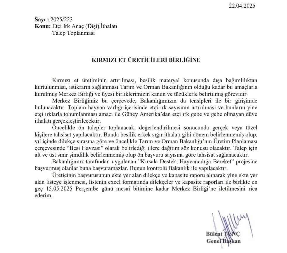 Besilik Sığır İthalatı Talep Yazısı