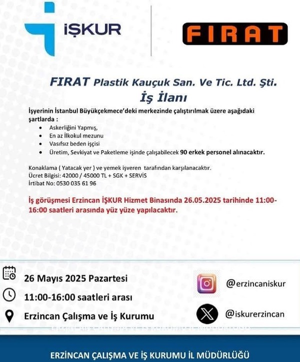 Erzincan Fırat Plastik Işçi Alım