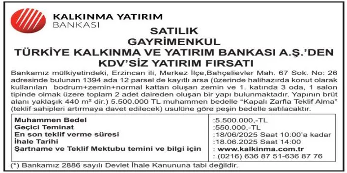 Erzincan'da Kalkınma Bankası Gayrimenkul Satışı