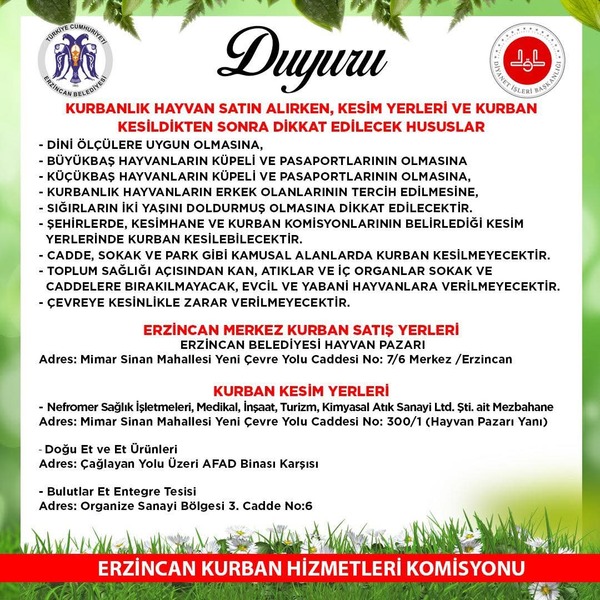 Erzincan'da Kurban Duyurusu