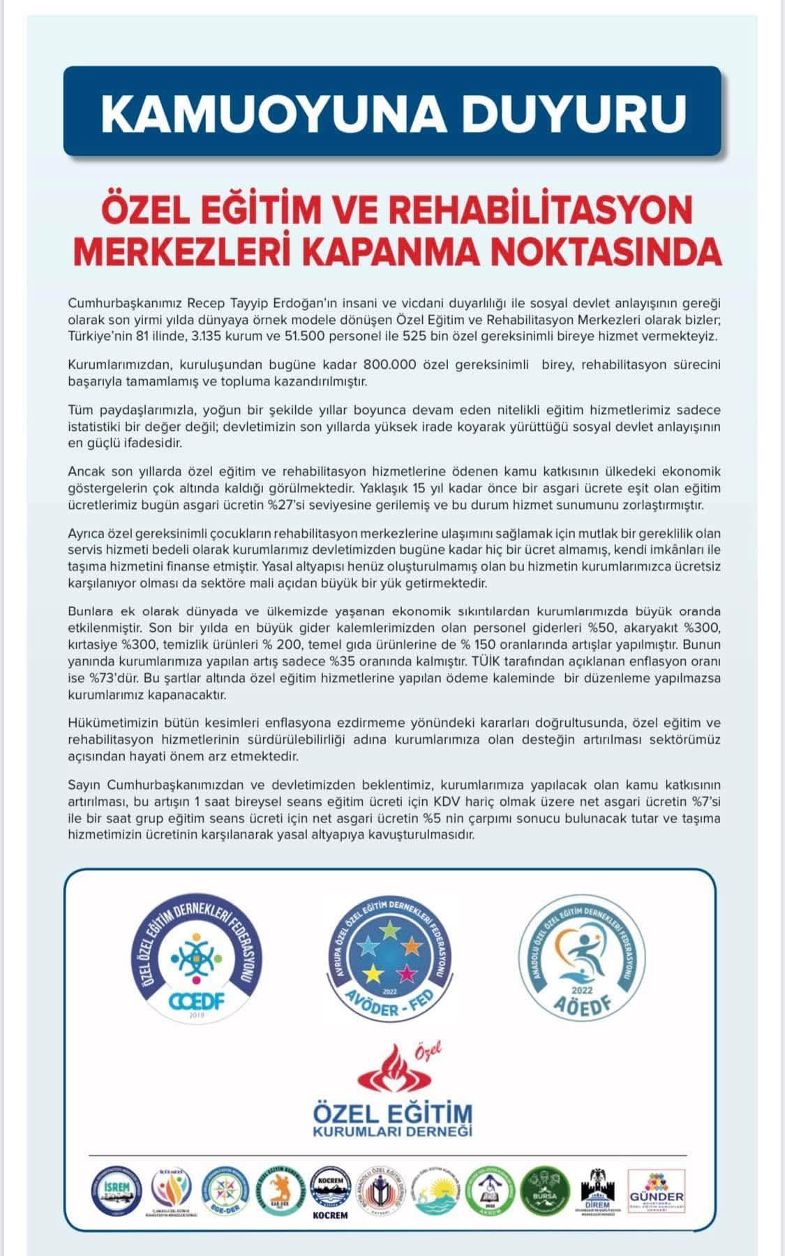 Özel Eğitim Ve Rehabilitasyon Duyurusu