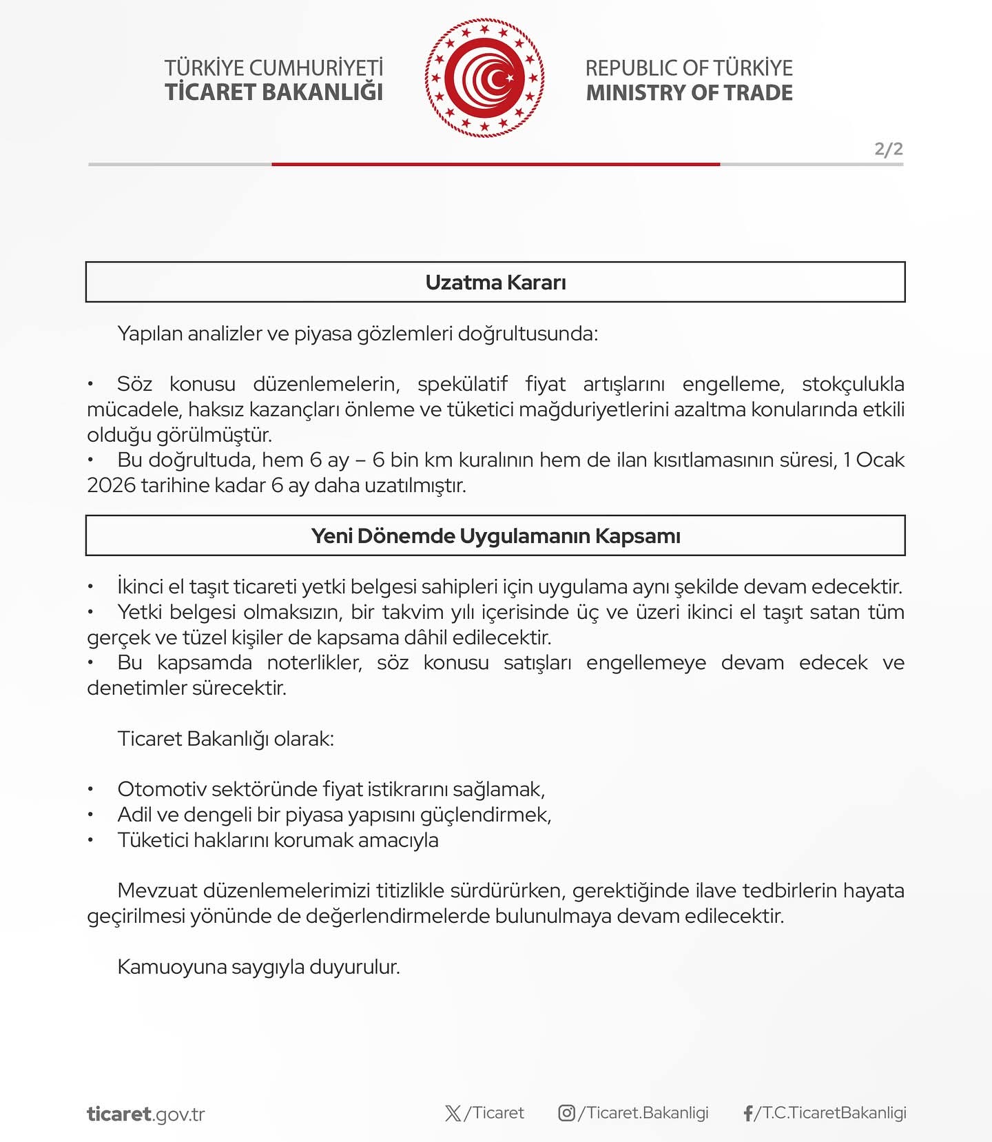 Ticaret Bakanlığı 2. El Oto Duyurusu