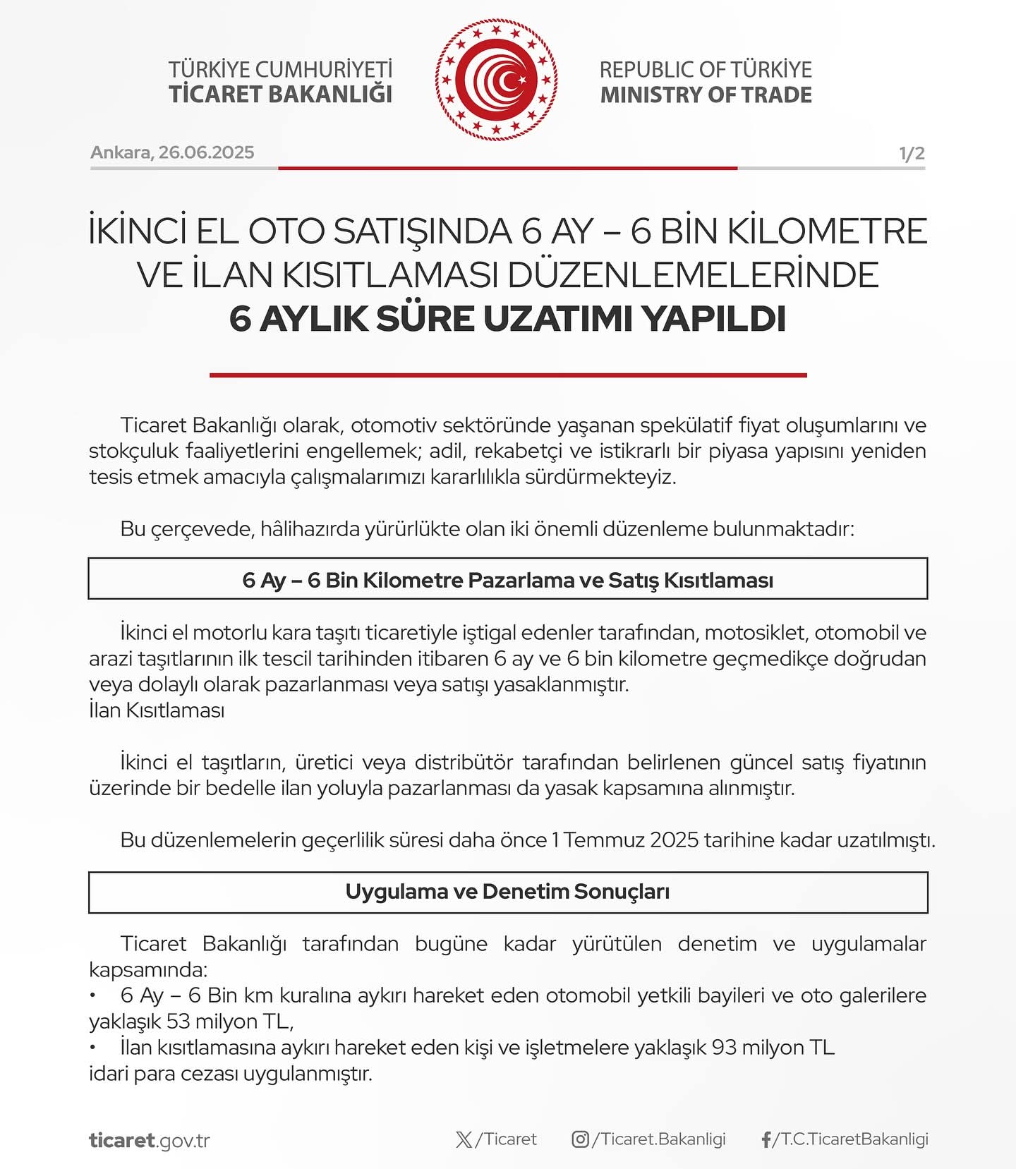 Ticaret Bakanlığı 2. El Oto Duyurusu1