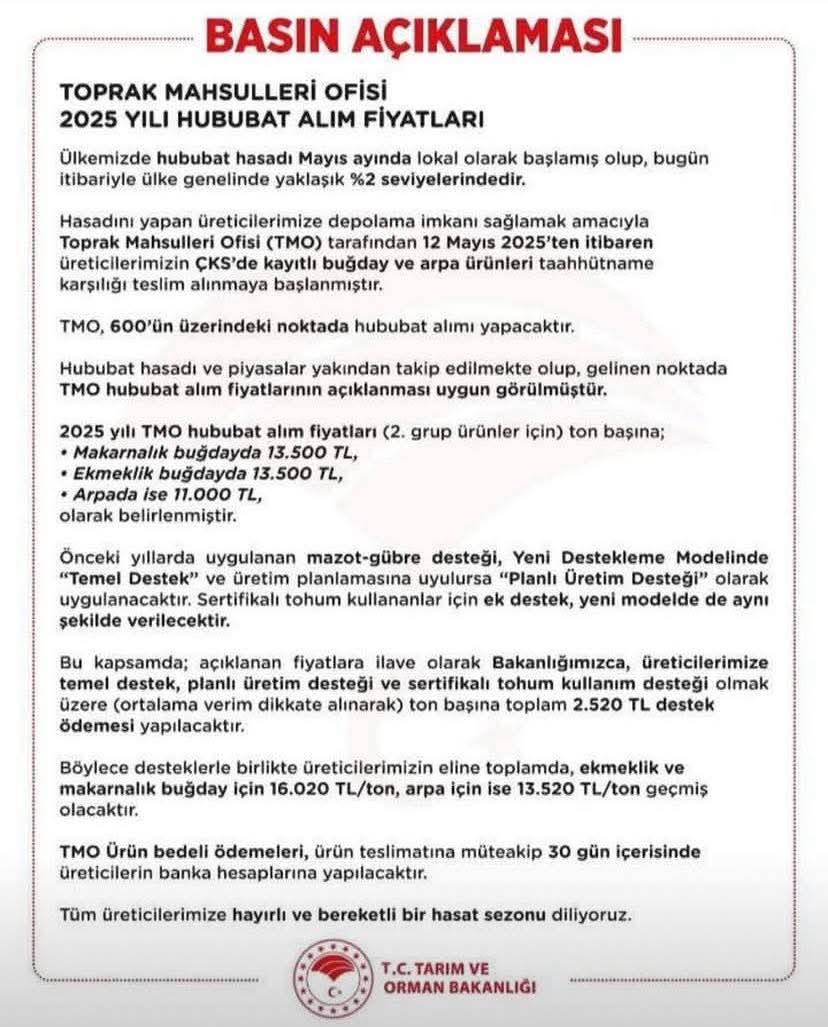 2025 Yılı Hububat alım fiyatları