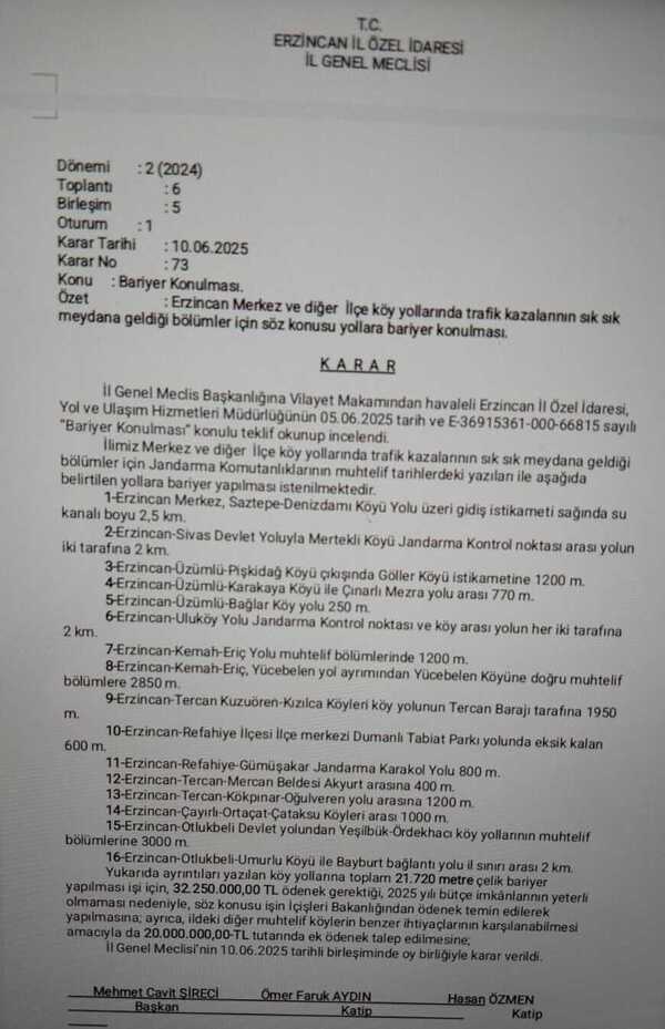 Erzincan'da İl Özel İdaresi Trafik Kazalarına karşı önlemleri artırıyor