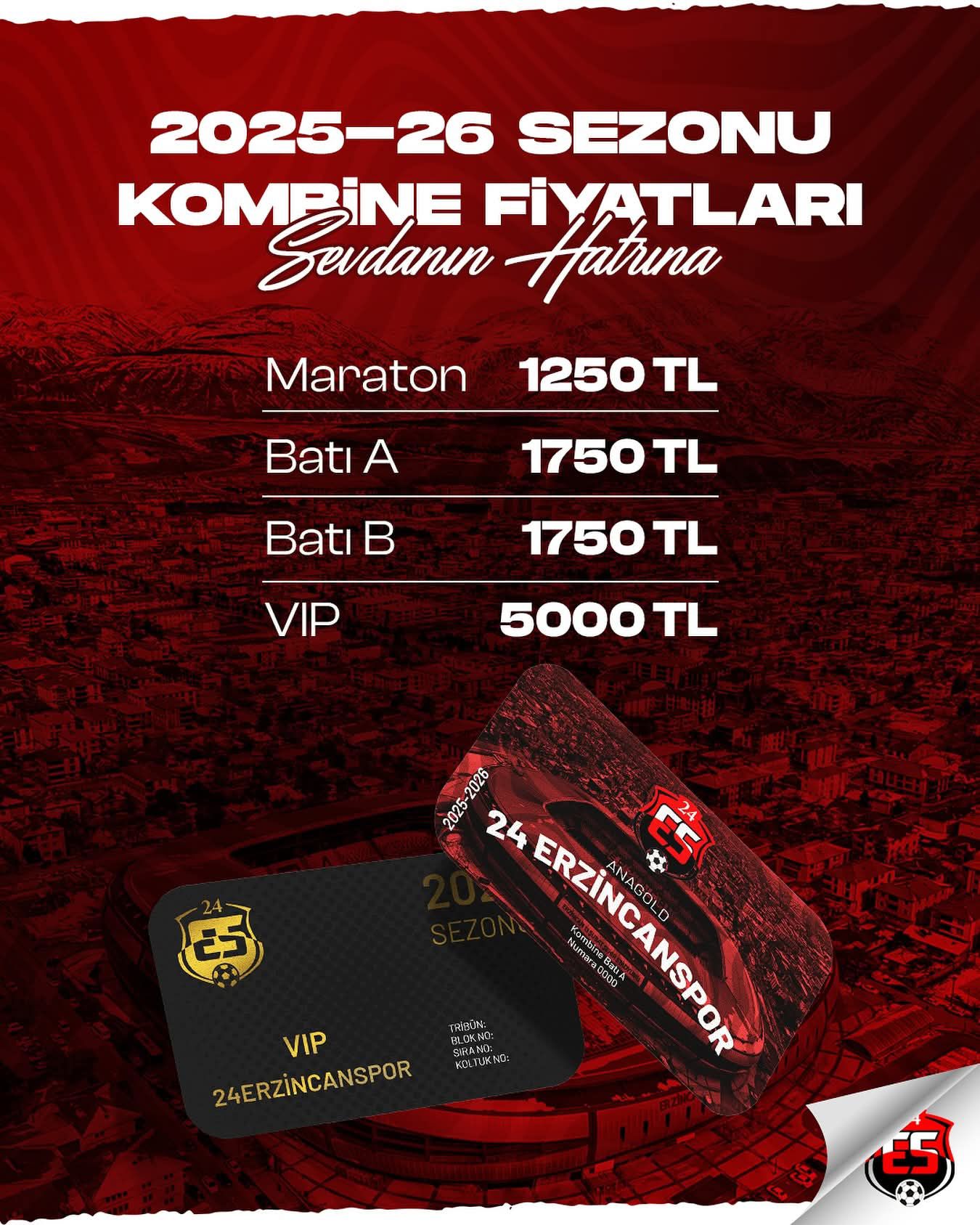 Erzincanspor Kombine Biletler Satışta