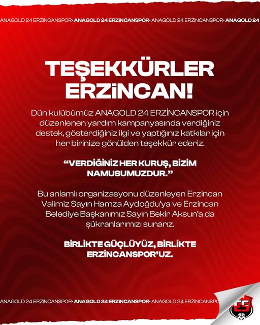 Erzincanspor Teşekkür Mesajı