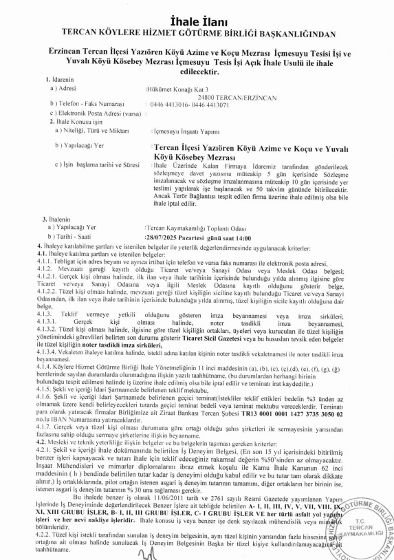 Tercan Yazıören Köyü Sulama İhalesi