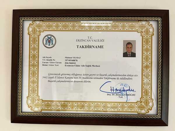 Dr Mahmut Yılmaz Takdirname 1