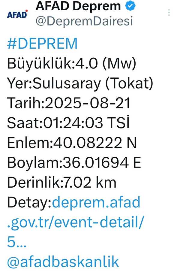 Tokat Deprem 21 Ağustos