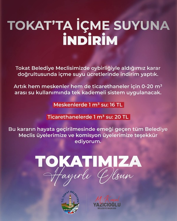 Tokat’ta Su Fiyatında Indirim Me