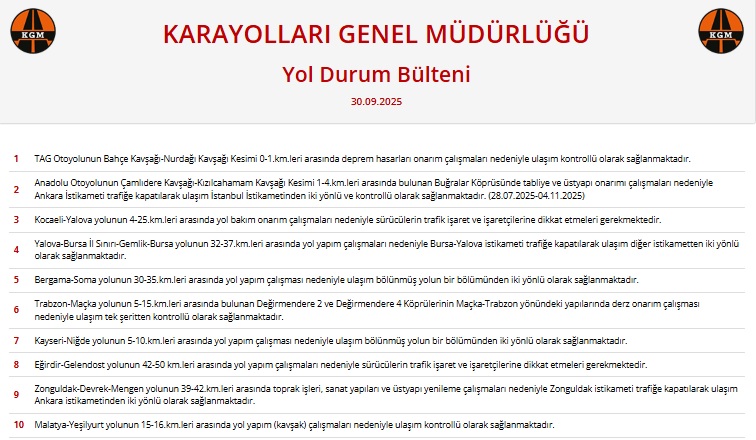 30 Eylül Karayolları Yol Durum Bülteni