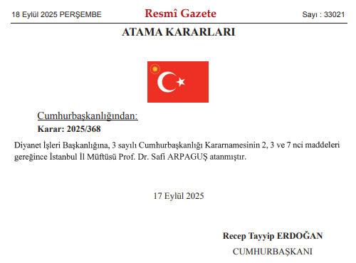 Diyanet İşleri Başkanı Prof. Dr. Safi Arpaguş . Resmi Gazete Jpg