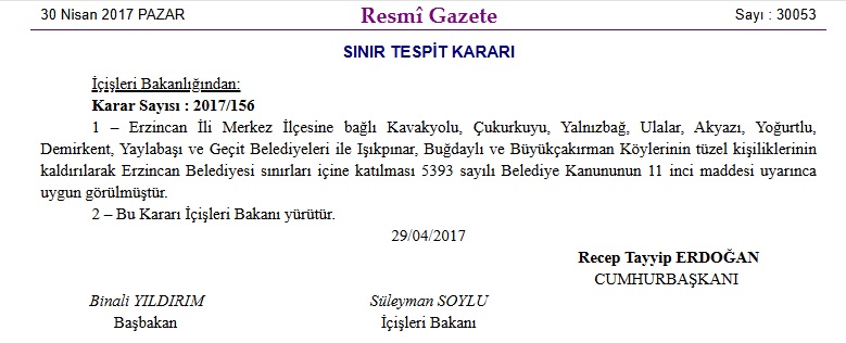 Erzincan Belediye Sınırları 2017 Resmi Gazete