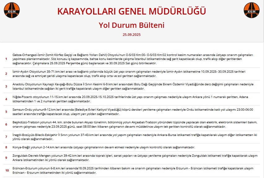 Erzincan Erzurum Karayolu Trafiğe Kapalı 25 Eylül 2025