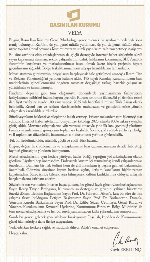 Bi̇k Genel Müdürü Erkılınç Veda