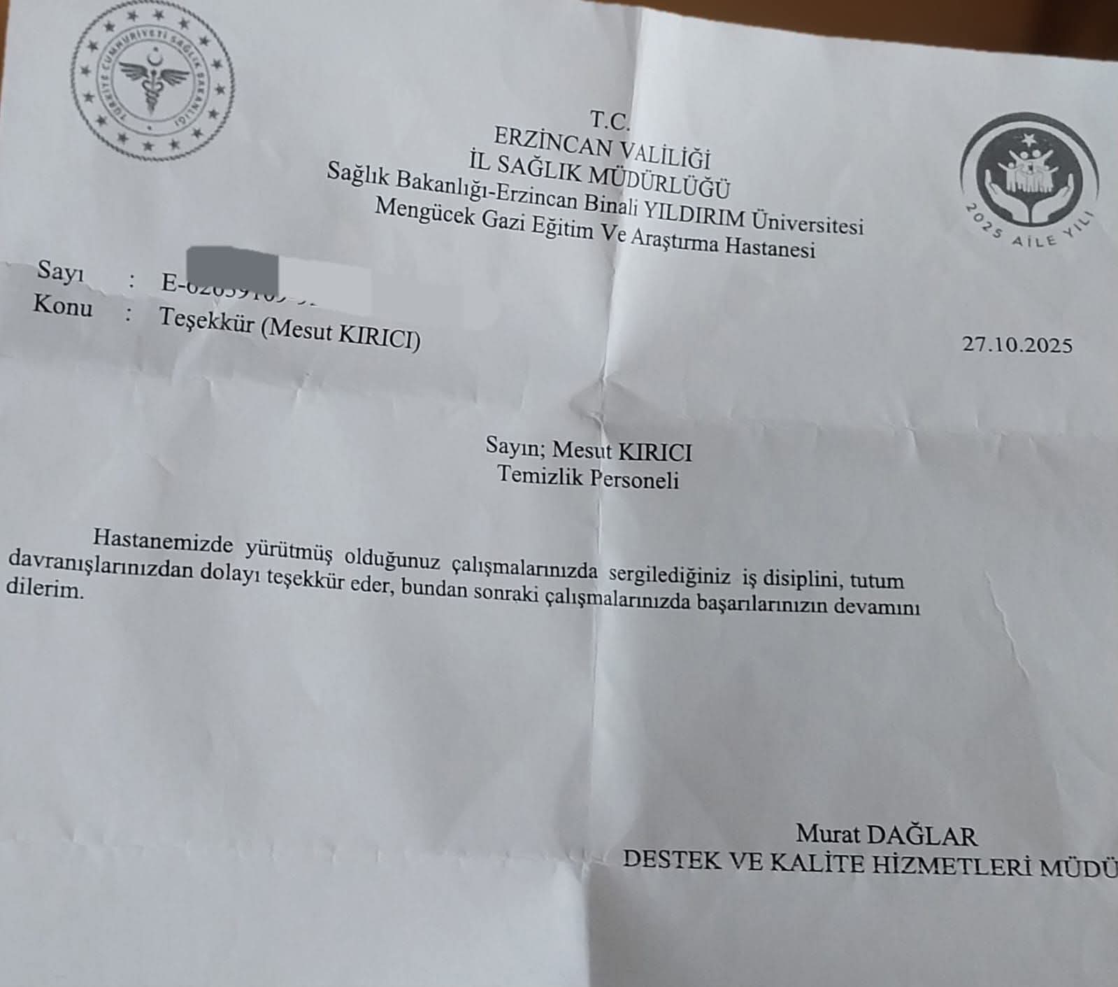 Hastane Personeline Teşekkür Belgesi