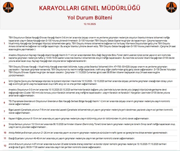Karayolları Yol Durum Bülteni 12