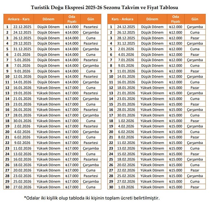 Turistik Doğu Ekspresi Fiyatları