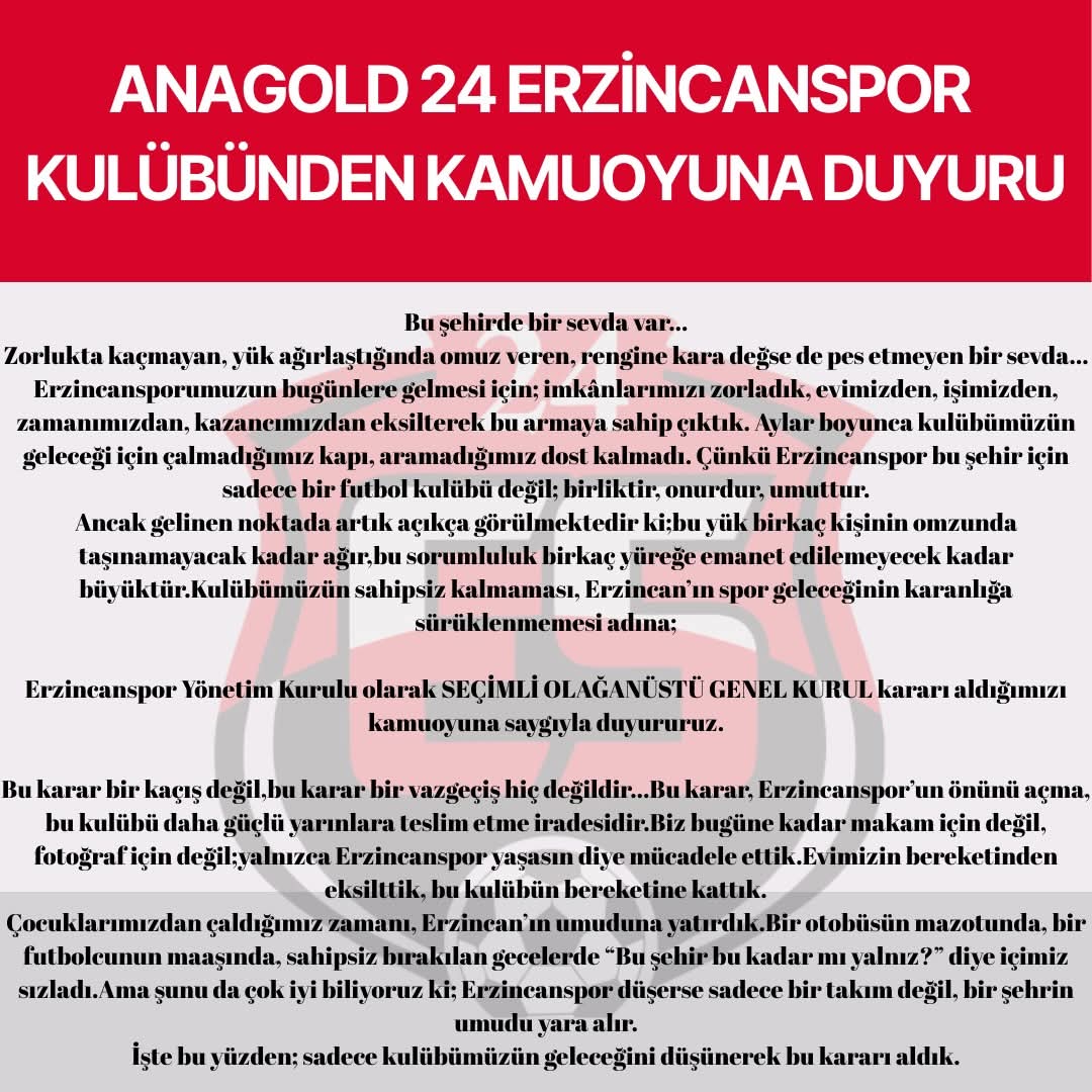 24 Erzincanspor Olağanüstü Seçime Gidiyor