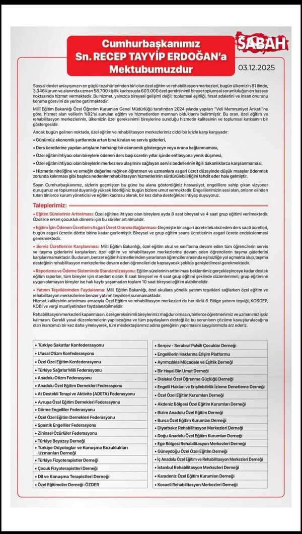 Cumhurbaşkanı Erdoğan’a 36 Stk’dan Özel Mektup Özel Gereksinimli Bireyler
