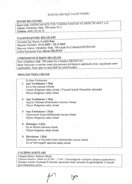 Erzincan İl Özel İdaresine Işçi Alınacak Aşçı