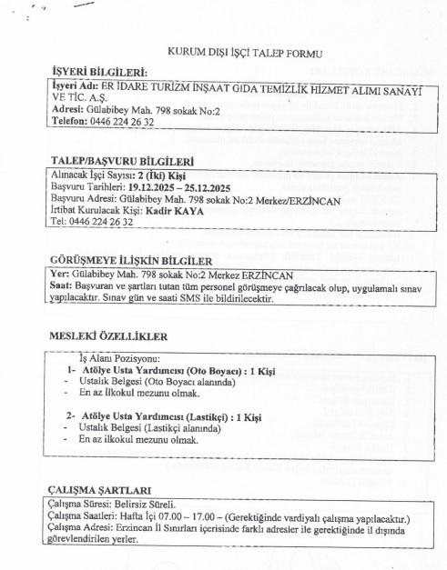 Erzincan İl Özel İdaresine Işçi Alınacak