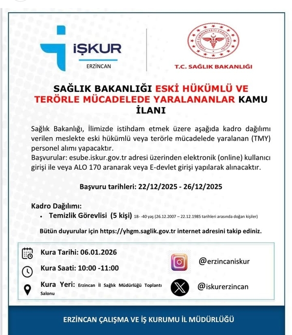İşkur Erzincan Sağlık Bakanlığı Personel Alımı