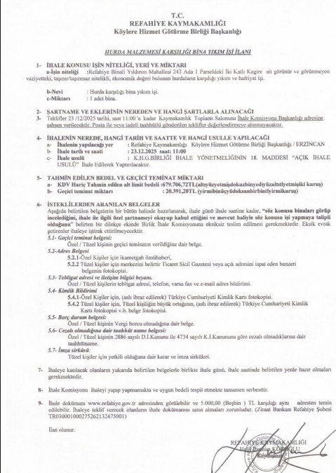 Refahiye Kaymakamlığı Kamu Binası Yıkım Işi