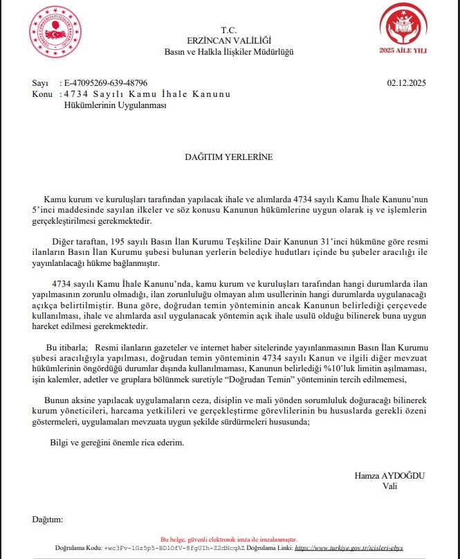 Erzincan Valiliği Resmi İlan Yayınlama Uyarısı