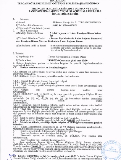 Tercan Köylere Hizmet Götürme Birliği Yıkım İhalesi