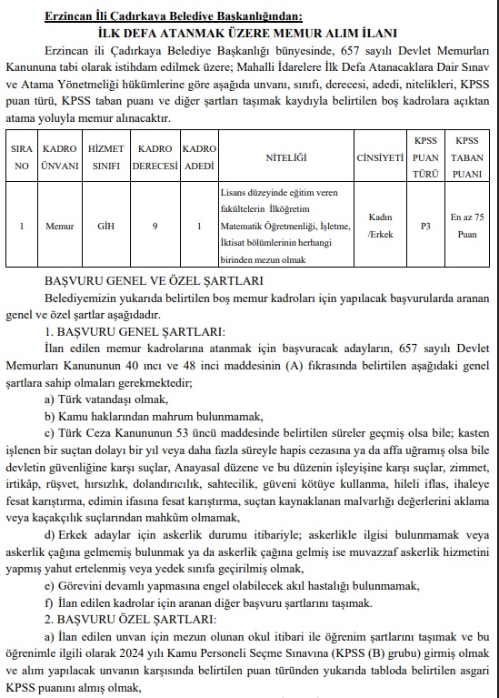 Erzincan Çadırkaya Belediyesine Memur Alınacak