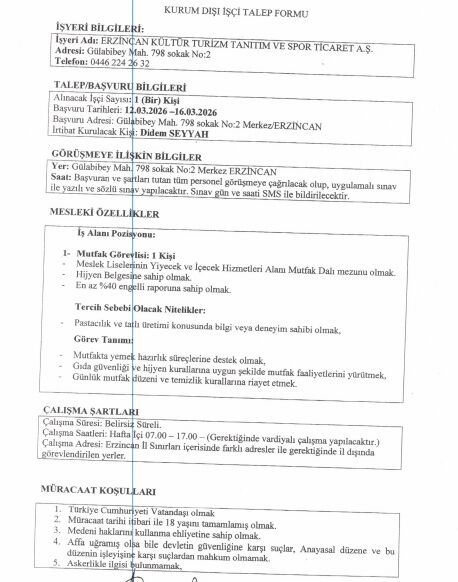 Erzincan İl Özel İdaresi İşçi Alımı M 2