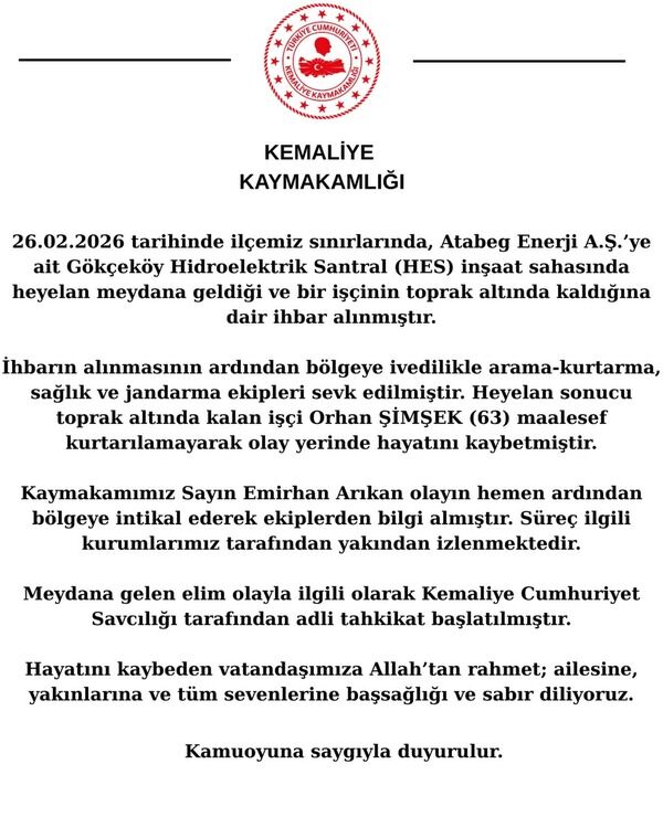 Kemaliye Kaymakamlığı Hes'te Hayatını Kaybeden Işçi Ile Ilgili Açıklama 1